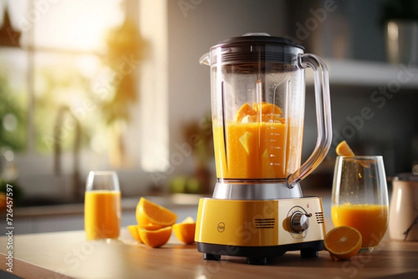 Fototapeta Electric juicer with fresh orange juice on table in kitchen, closeup