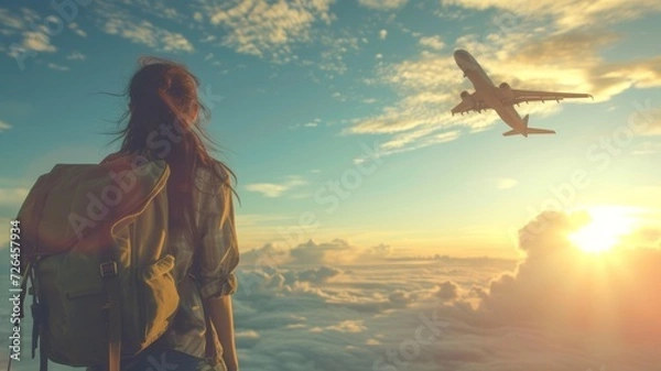 Fototapeta a person watching airplane in the sky