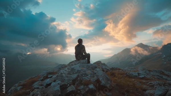 Fototapeta person on top of mountain looking at clouds
