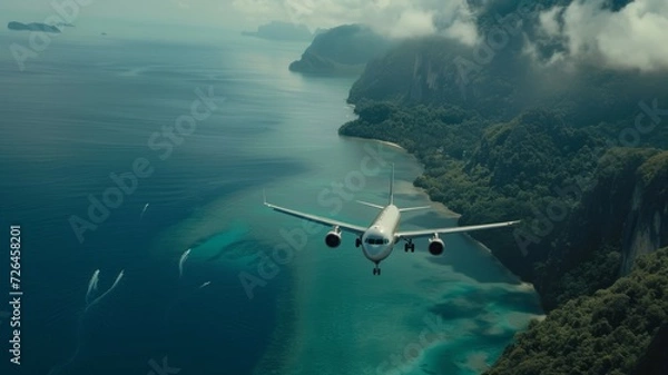 Fototapeta birds-eye view on a plane flying over the sea