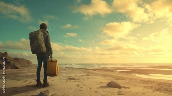 Fototapeta a person standing on the beach with backpack