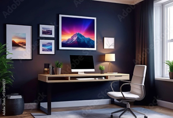 Fototapeta Home office interior mockup with poster mockup on wall with copy space, Modern hygge concept interior design, 3D rendering,
