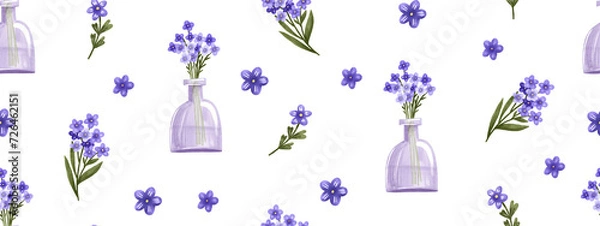 Fototapeta Botanical purple seamless pattern with forget-me-nots. Beautiful lush bouquet in a glass vase. Hand drawn illustration. suitable for wrapping paper, wallpaper, decoration.