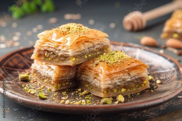 Obraz Banner sumptuous stacked pistachio baklava on a rust, ceramic plate, with Honey and Nuts