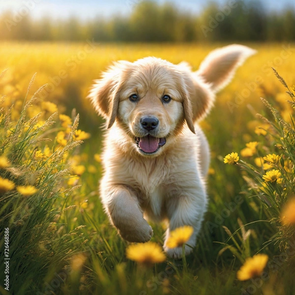 Obraz golden retriever puppy on grass, generative AI