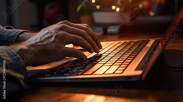 Fototapeta Hands Focused on Working on a Laptop in Dim Light - Generative AI