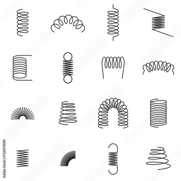 Fototapeta Metal spring spiral coil 3d line icon vector set