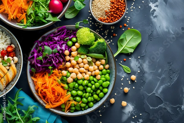 Fototapeta vibrant, nutrient-packed bowls filled with a variety of grains, legumes, and fresh vegetables to represent a healthy, plant-based diet