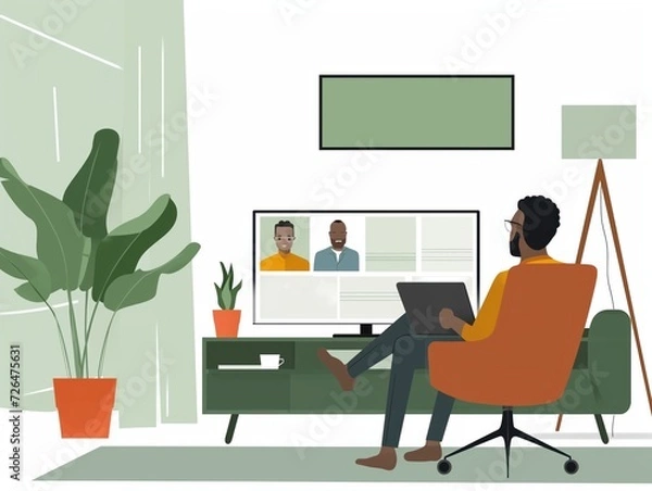 Fototapeta Flat Illustration of a person participating in a virtual meeting from a comfortable home-office setup