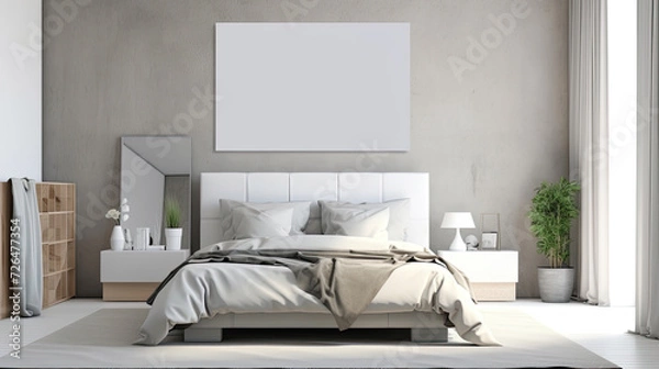 Fototapeta Minimalist Bedroom with Plants and Blank Canvas - Generative AI