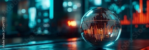 Fototapeta Conceptual image of a crystal ball with cryptocurrency market predictions and digital graphs inside, representing the speculative and predictive nature of the cryptocurrency market.