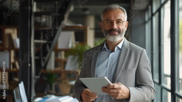 Fototapeta A man holding a tablet computer in his hands. Suitable for technology-related projects