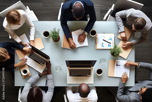 Fototapeta Overhead view of business professionals working on laptops and discussing documents in a meeting at a modern office.