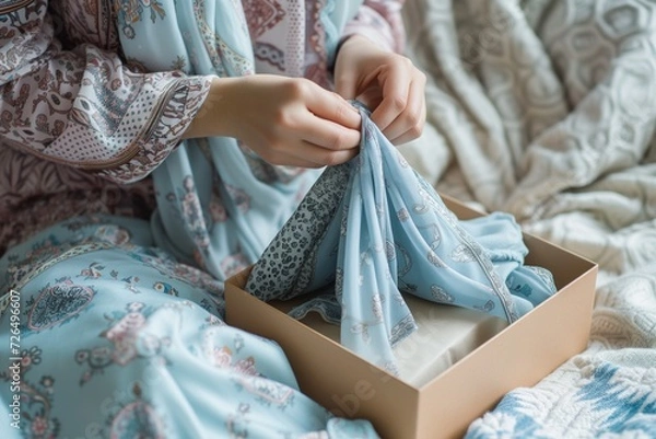 Fototapeta woman wrapping a new hijab in a gift box
