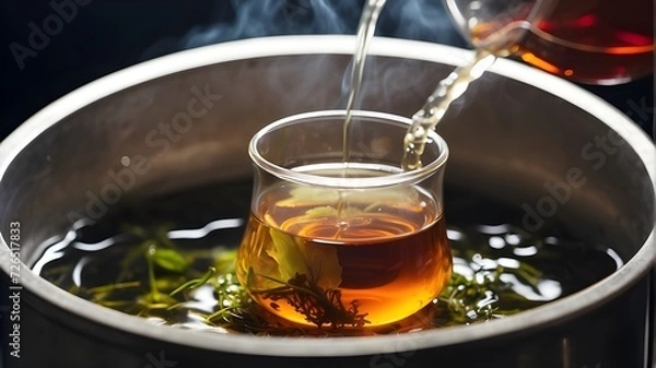 Fototapeta A close up of a tea bag steeping in hot water, capturing the infusion process