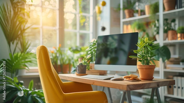 Fototapeta Home Office, flexibility of working from home and cute succulents.