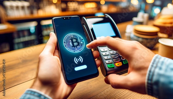 Fototapeta Smartphone Bitcoin Payment at Cafe. Hand holding a phone device displaying a Bitcoin symbol making a contactless payment at a POS terminal at the Shop, crypto blockchain payments wallet