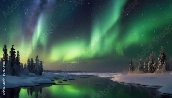 Fototapeta night sky with vibrant green aurora borealis dancing amidst a canvas of stars, creating a magical and captivating celestial display