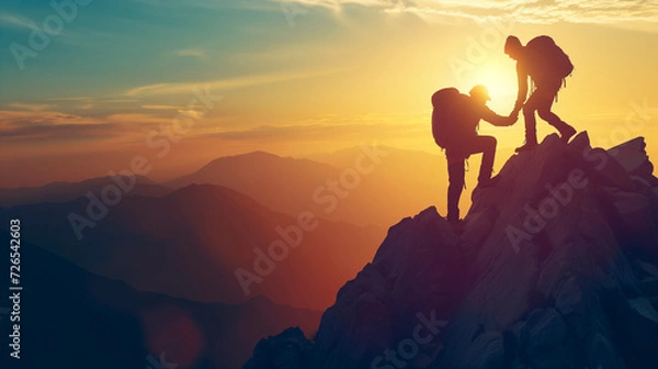 Fototapeta Cooperation, camaraderie, hiking, mutual trust, support, silhouette in the mountains, dawn. Two male hikers working together as a team to climb a mountain and enjoy a stunning sunrise