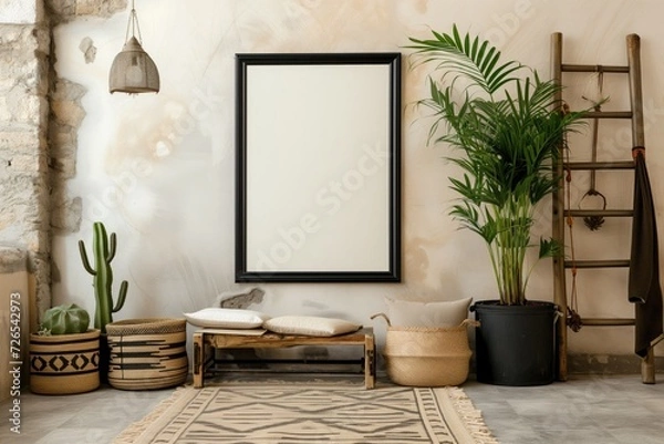 Fototapeta Interior design of living room with black poster mock up frame, shelf,  Grunge wall. Stylish home decor.