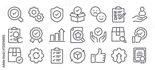 Fototapeta Quality assurance and control editable stroke outline icons set isolated on white background flat vector illustration. Pixel perfect. 64 x 64.