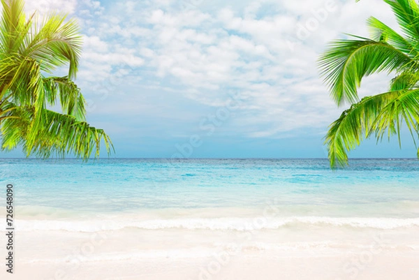 Fototapeta Beautiful white sand beach with turquoise water, coconut palm trees and blue sky with clouds in Punta Cana, Dominican Republic.