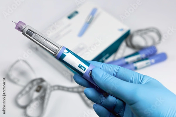 Obraz Hands in surgical gloves holding Ozempic Insulin injection pen for diabetics.