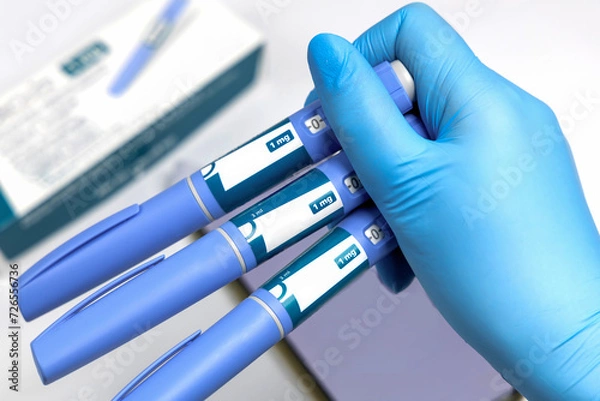 Obraz Hands in surgical gloves holding Ozempic Insulin injection pen for diabetics.