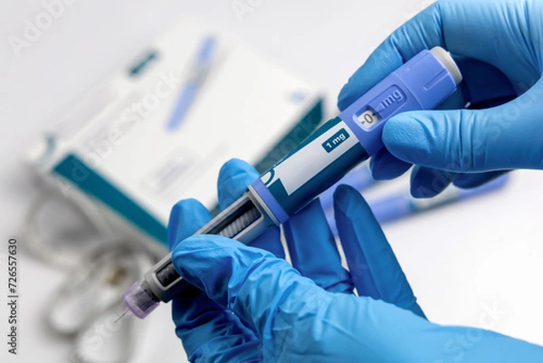 Obraz Hands in surgical gloves holding Ozempic Insulin injection pen for diabetics.