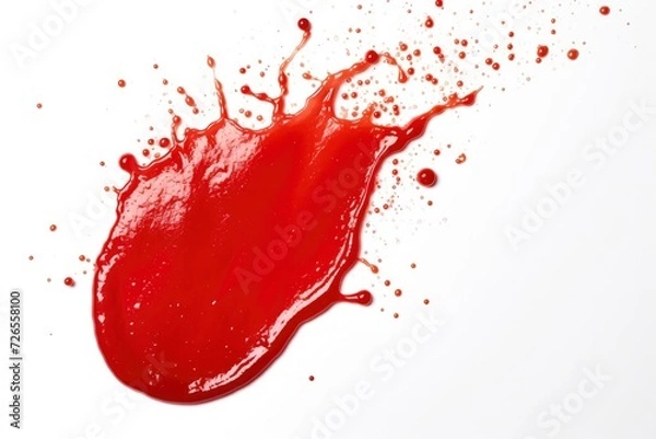 Fototapeta Splash stain drops of red ketchup, tomato sauce or juice on a white background view from above. Object for your design, mockup