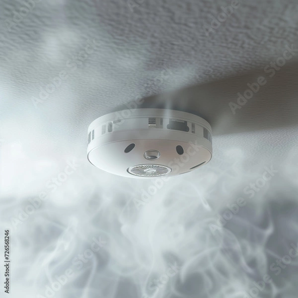 Fototapeta Smoke alarm attached to the ceiling, surrounded by a small amount of smoke, white metal shell, depth of field effect, soft lighting under natural light, cool colour tone