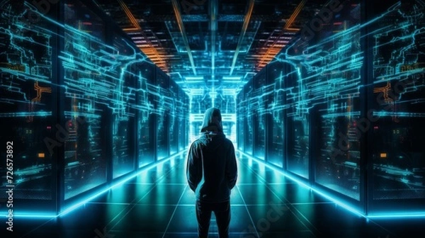 Fototapeta Silhouette of a male hacker in a server room. Neural network AI generated art
