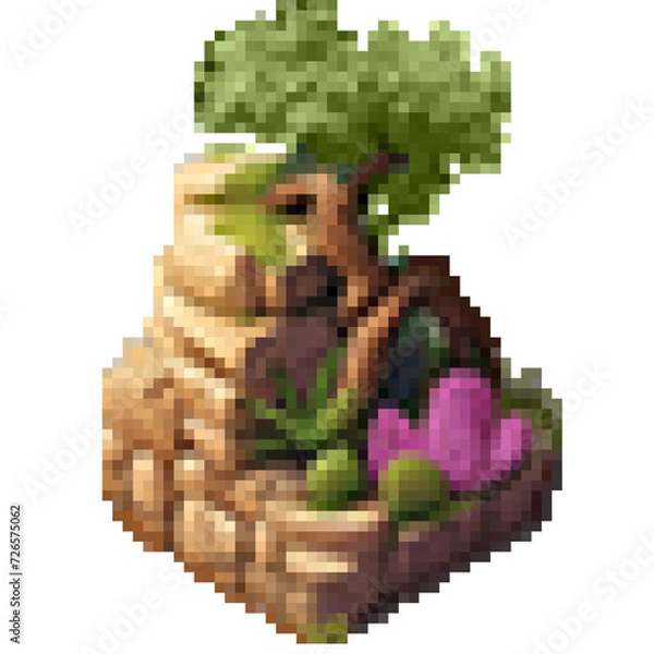 Fototapeta Tree on a mountain side Isometric Pixel Art