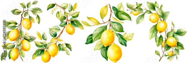 Fototapeta Set of watercolor lemon leaves and lemons, isolated on transparent background
