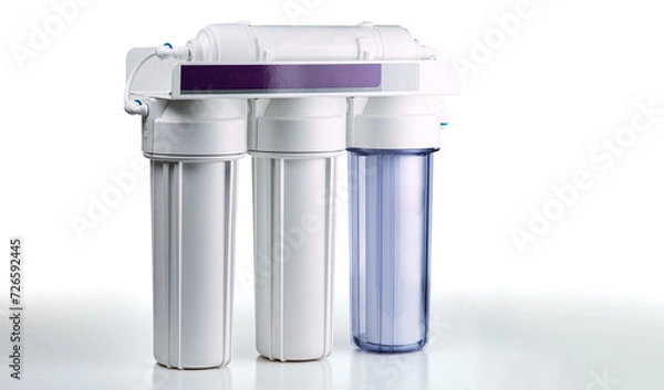 Fototapeta Three stage home water filtration system isolated on a white background.
