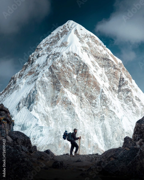 Fototapeta A mountaineer with a backpack observes the great mountain of Pumori while making the ascent to Everest Base Camp in the Himalayas Nepal