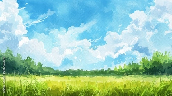 Fototapeta Watercolor green grass and blue sky with clouds