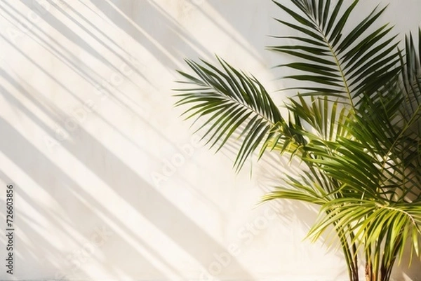 Fototapeta Tropical palm leaf shadows. appealing composition on white wall with ample text space