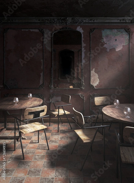 Fototapeta Interior of an abandoned cafe with wooden tables and chairs, a mirror in the middle, a damaged wall and a dusty tiled floor