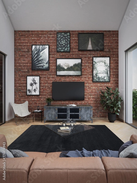Fototapeta Industrial loft with a brick wall covered with paintings, parquet, modern furniture including a leather sofa and plants