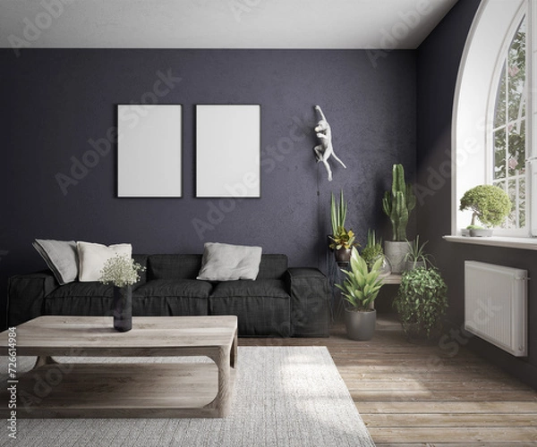 Fototapeta Blue living room with a gray sofa, a parquet floor, a window with a bonsai and many plants including a cactus
