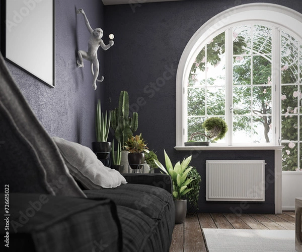 Fototapeta Blue living room with a gray sofa, a parquet floor, a window with a bonsai and many plants including a cactus
