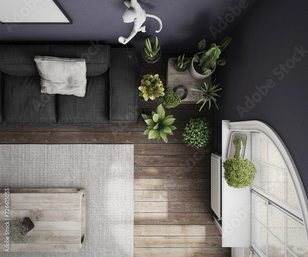 Fototapeta Top view of a blue living room with a gray sofa, a parquet floor, a window with a bonsai and many plants including a cactus
