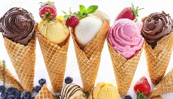 Fototapeta Different ice cream balls in waffle