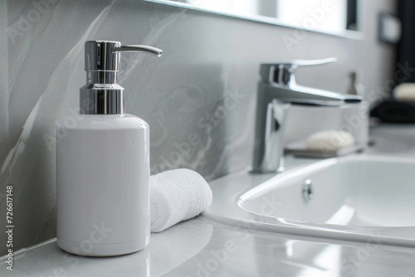 Obraz liquid soap in a white bottle stands near the sink in a white bathroom, spa. Mockup of hygiene products.