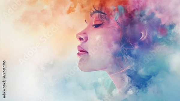 Fototapeta portrait of a woman, portrait of a girl with hair, A realistic illustration of with a watercolor effect, a soft brush, and a pastel palette