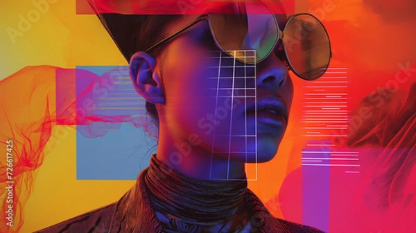 Fototapeta A surreal collage  and  with a glitch effect, neon colors, and geometric shapes