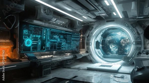 Fototapeta A futuristic concept art with a sci-fi vibe a metallic shine, and a holographic interface