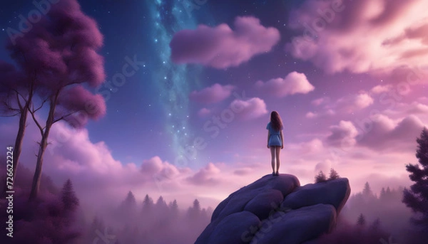 Fototapeta A girl standing on rock at forest with cloudy blue, purple sky and stars
