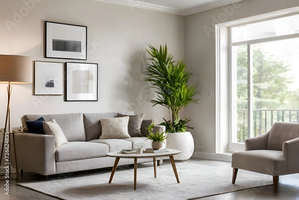 Fototapeta beautiful new modern living room indoor area, living room, indoor area, modern sofa, living room indoor area, small book holder table,  indoor plant ,isolated white color mix wall